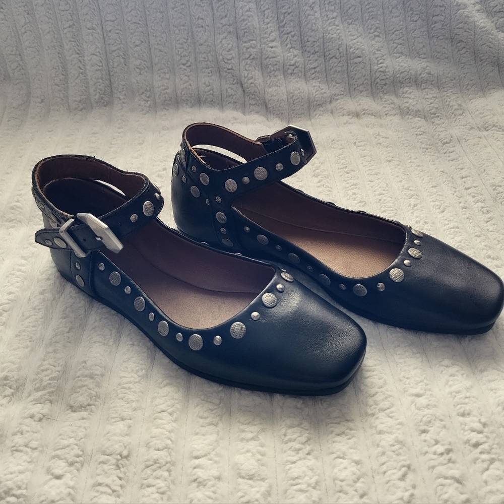 Free People Black Studded Ankle Strap Flats